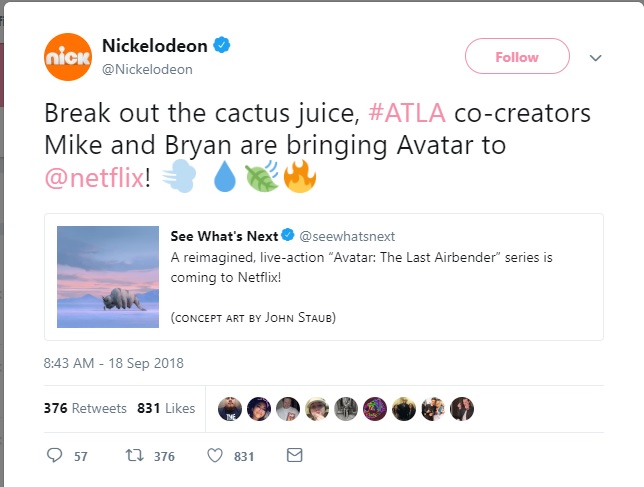 Nickelodeon announces the ATLA Netflix adaptation on Twitter