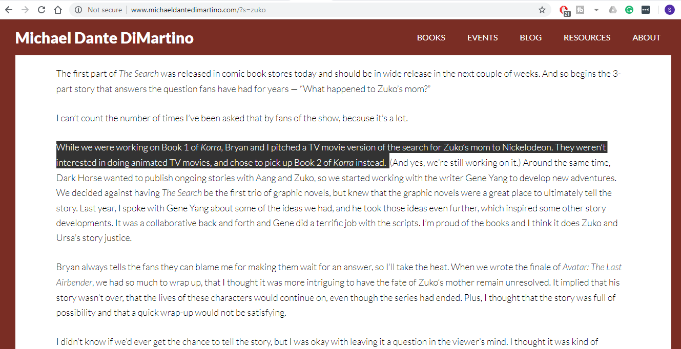 A screenshot from DiMartino's website explaining the fate of Ursa, Zuko's Mom