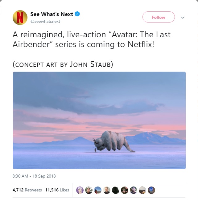 Avatar: the Last Airbender live-action adaptation announcement on Twitter