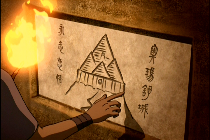 Katara reads the Cave of Two Lovers legend on a wall