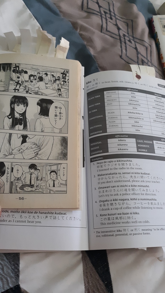 Cross-referencing Japanese comic books like Aku no Hana Vol 1 and text books like 600 Basic Japanese Verbs can improve Japanese language learners reading and retention abilities