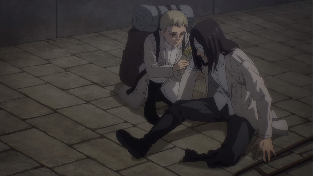 Falco helps another wounded mystery soldier. So delirious, he was wearing his armband on the wrong side...Attack on Titan the Final Season Episode 2