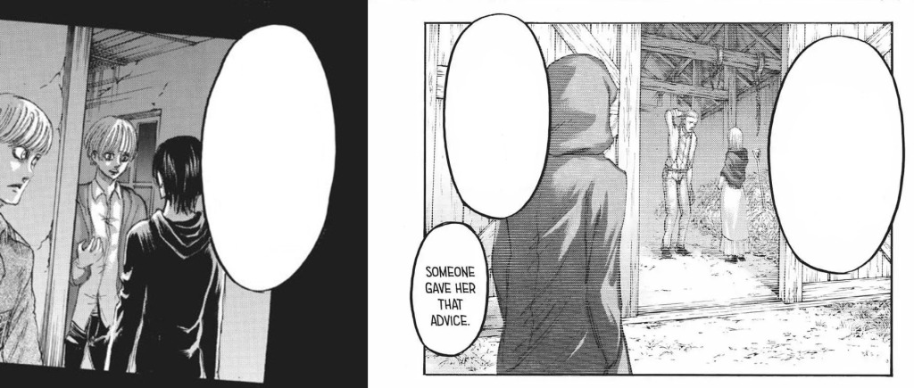 The hooded man and Eren...is it a spoiler if I don't tell you the chapters or give you any context? Shingeki no Kyojin manga