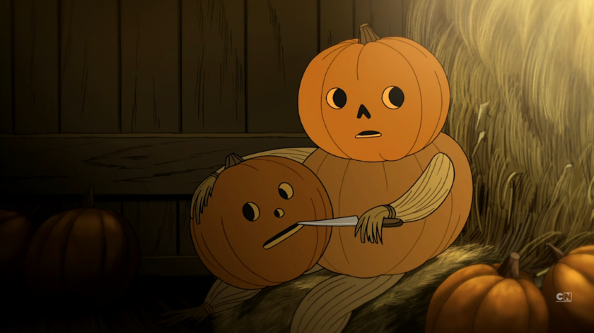 A pumpkin carves another costume for his friend returning from the grave