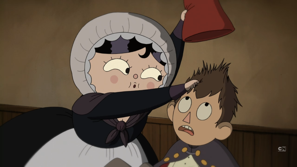 The Tavern Wench plucks a hair from Wirt's head in allegory to light the Beast's Dark Lantern