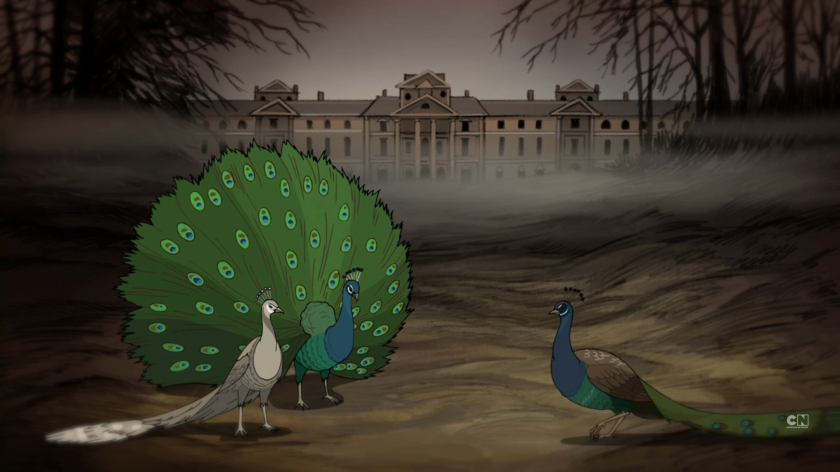 Three peacocks outside of Endicott's mansion