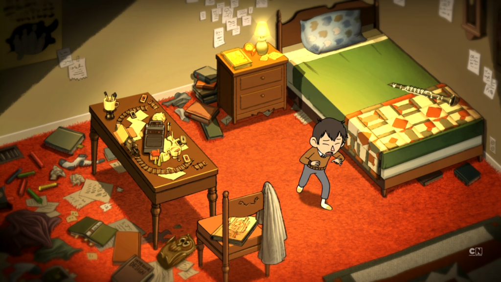 Wirt paces his room with a black train on his desk, a clarinet on his bed, and black turtle poster on his wall, and an owl statue on his room floor