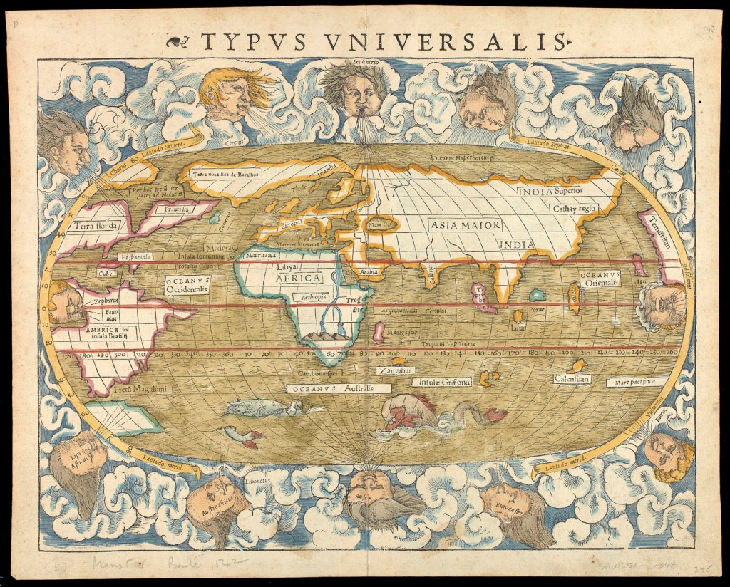 Typus Universalis Munster map of the world by Sebastian Münster, 1542 (I couldn't find the map I had in mind so this will have to do)
