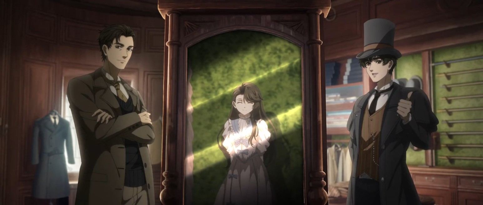 Klein, Melissa, and Benson in front of a mirror in Lord of the Mysteries