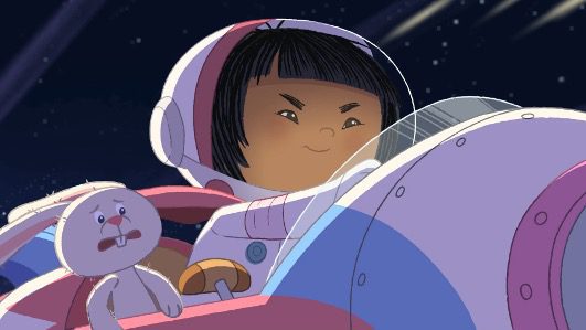 A wide, horizontal production film still from the ACE 4 animated short film, Rocketship Mai. The cinematic shot features vibrant, colorful character animation set against a richly detailed and whimsical background landscape, capturing the core aesthetic of the project.