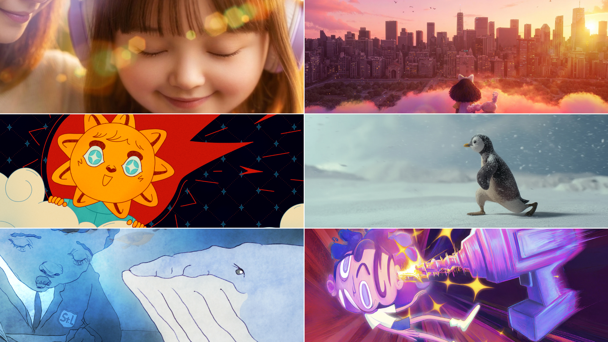 A 2x3 grid collage showcasing six diverse animation styles from the Tribeca Festival shorts block. The top row features a close-up of a smiling girl with headphones under a warm lens flare next to a girl and her stuffed animal overlooking a massive sunset city skyline. The middle row highlights an orange sun character soaring like a comet through a starry night sky alongside a stop-motion style penguin traversing a snowy landscape. The bottom row displays a double-exposure watercolor scene of a schoolboy and a blue whale next to a surreal, neon-colored 2D animated character being comically drilled in the ear.