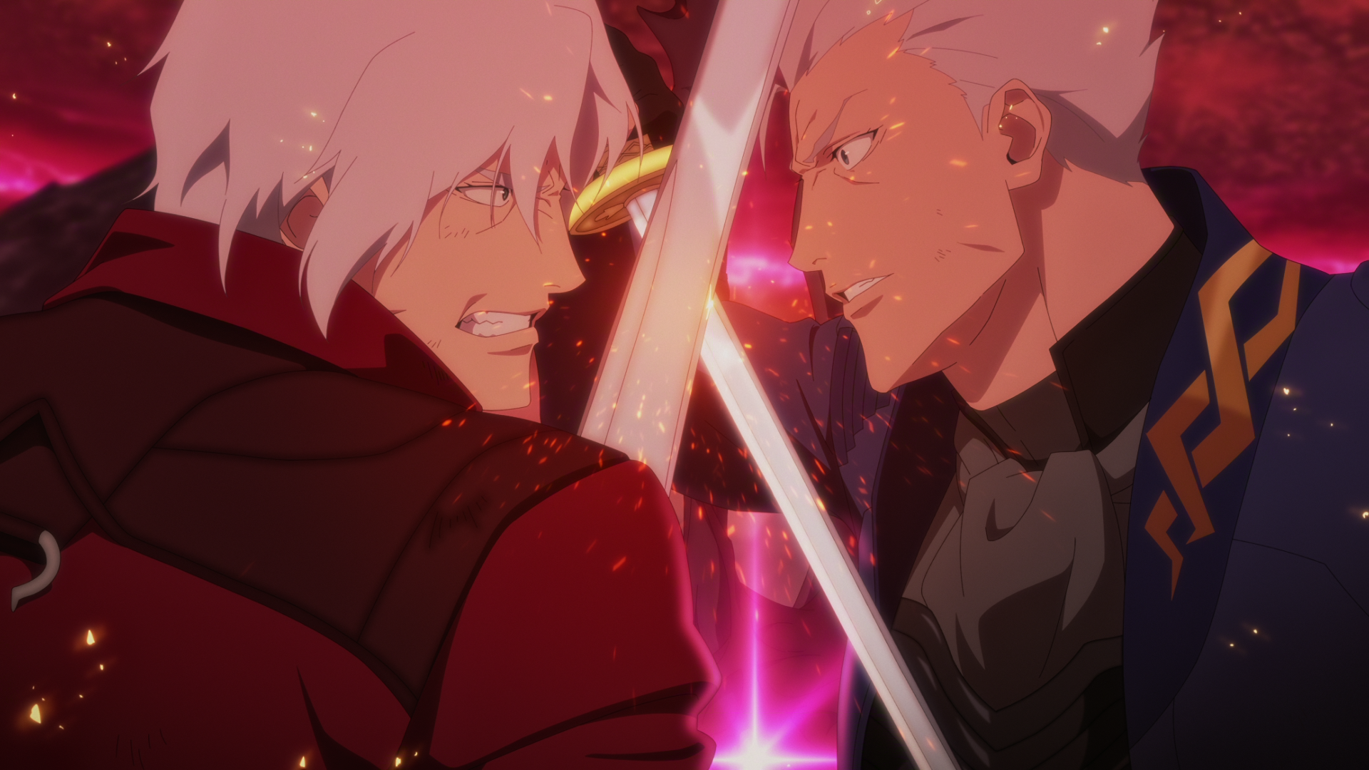 Close-up animated screenshot from Netflix's Devil May Cry Season 2 showing white-haired Dante in a red coat locking swords with his brother Vergil in a blue coat amidst glowing red embers.